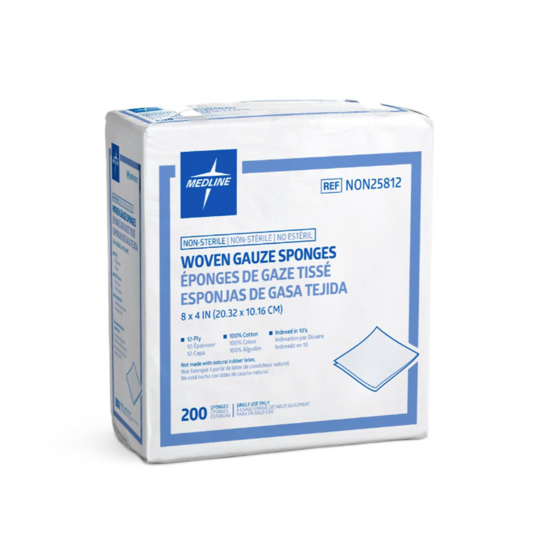 A pack of Medline Nonsterile 100% Cotton Woven Gauze Sponges, 8 x 4 in, contains 200 sponges. The white package with blue text displays product info in English, French, and Spanish.